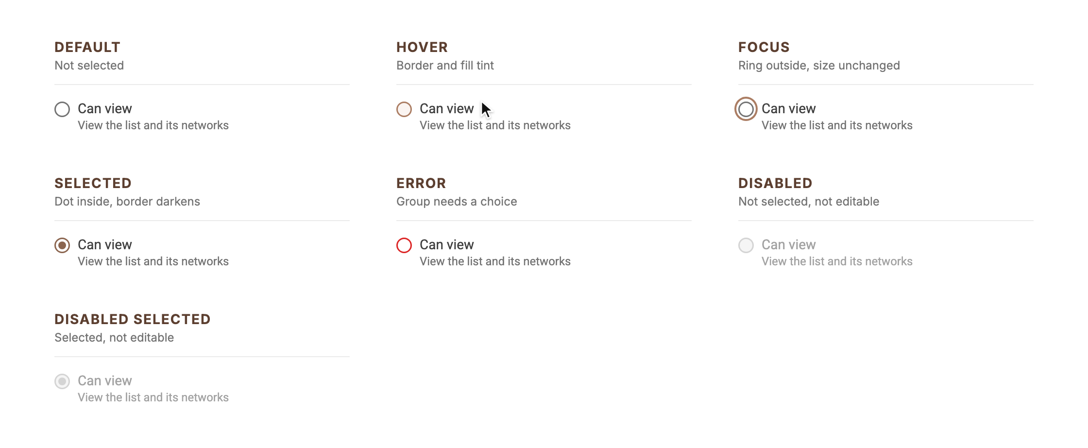 Radio with label and supporting text in seven states: default, hover, focus, selected, error, disabled, disabled selected